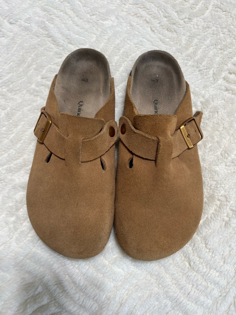 Quince Suede Clogs Mule Slip On Sandals Brown Buckle Comfort EUC Size 7